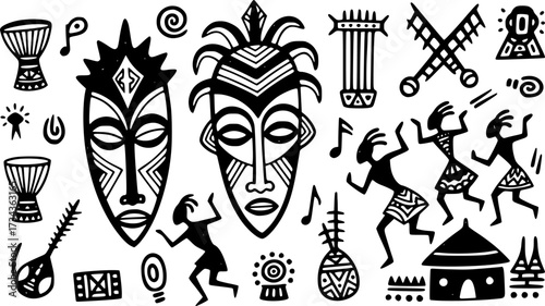 Hand drawn burkina faso culture with masks and dancing figures
