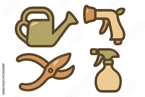 Set of essential gardening tools including watering can, hose nozzle, pruning shears, and spray bottle