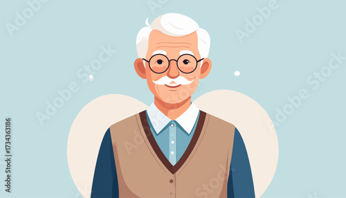Portrait of a distinguished senior man with glasses, a mustache, and a kind expression in a minimalist style