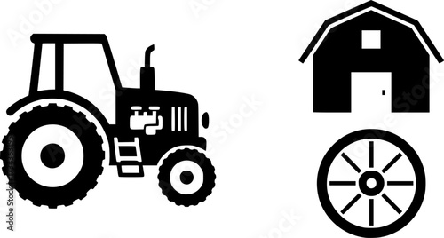 Minimalist farm equipment icons featuring tractor, barn, and wheel