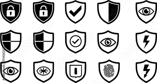 Set of minimal shield icons with security symbols in black outline style