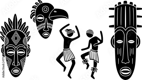 Hand drawn burkina faso culture with masks and dancing figures