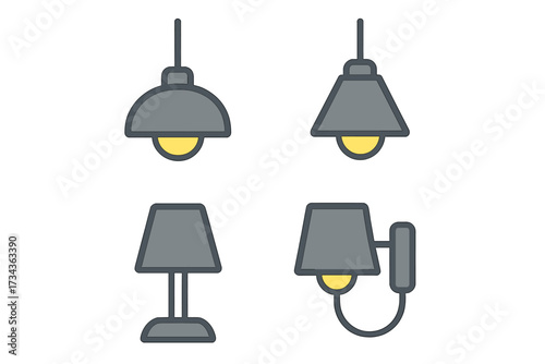 Collection of modern interior lighting fixtures including pendant lights, table lamps, and wall sconces