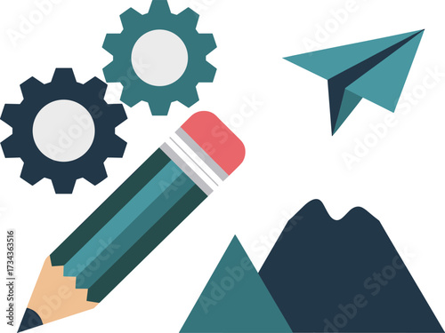 Creative idea conception and development with gears pencil paper plane and mountain icons