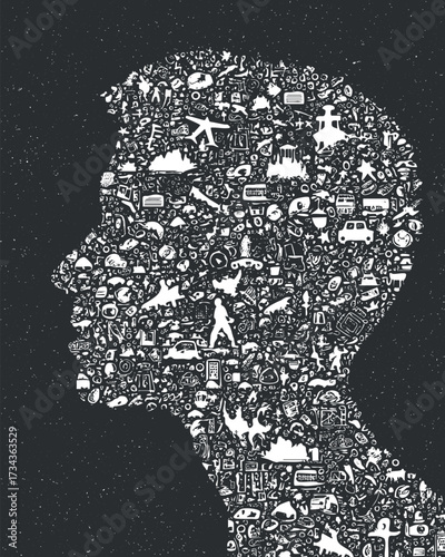 A creative silhouette filled with various icons representing imagination and exploration..