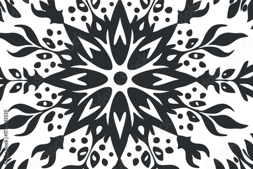 A striking black and white floral pattern with symmetrical design elements and abstract shapes..