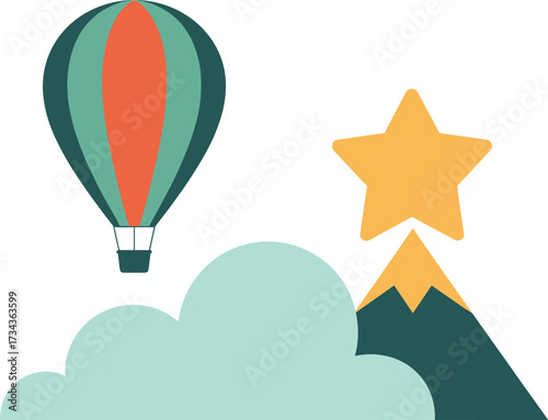 Hot air balloon adventure above mountains clouds and a guiding star sky journey
