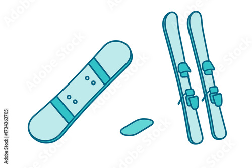 Winter sports equipment set featuring a snowboard and a pair of alpine skis with bindings for snow recreation