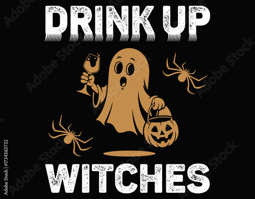 Drink Up Witches Halloween Pamkin spider - printable editable vector art file.