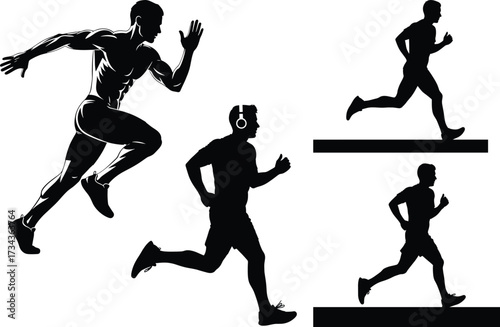 Collection of running man silhouettes in various poses, running, runner, silhouette, man, athlete, sport, fitness, exercise, movement, action, speed, race, track, headphones, listening, music, trainin