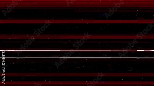 Abstract background with red and white horizontal glitch lines and static tv noise on a dark screen