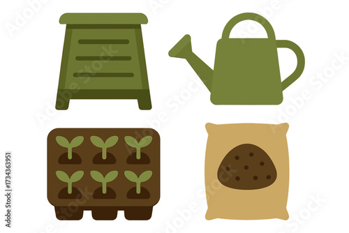 Home gardening supplies including compost bin, watering can, plant sprouts, and soil bag for cultivation