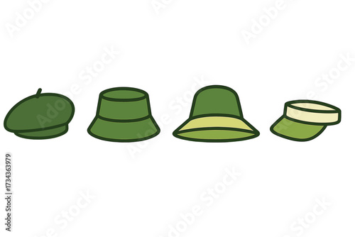 Collection of various green headwear including beret, bucket hats, and visor for fashion and accessory concepts