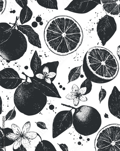 A black and white illustration featuring oranges, lemons, leaves, and flowers arranged in a repeating pattern..