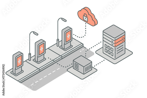 Modern urban infrastructure with networked health service kiosks connected to a secure cloud data center for digital information management