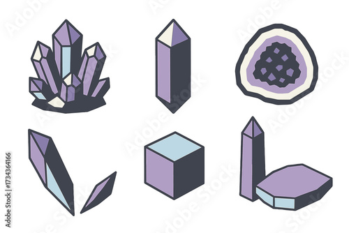 Collection of natural mineral crystals and geode formations in a modern style with soft purple and blue colors