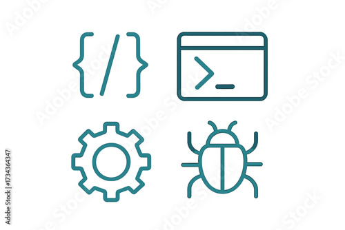 Software development and debugging icons set with symbols for coding, command line, system settings, and bug detection