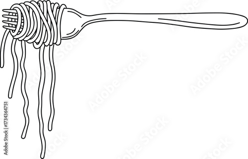 Spaghetti fork illustration, pasta strands, minimal line art, black and white drawing, food icon, cooking concept, vector kitchen element