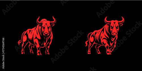 Set of two powerful red bulls in aggressive poses. Strong muscular bull character for a logo or mascot. Farm animal symbol of power and strength, isolated on black background.