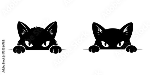 A pair of cute black cats peeking from behind a wall. Funny peeking kitty silhouette for decoration or design. Adorable domestic pet animal graphic isolated on white.