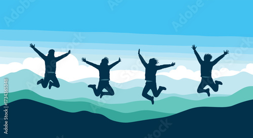 Four friends joyfully jumping in silhouette against a scenic mountainous landscape under a blue sky.
