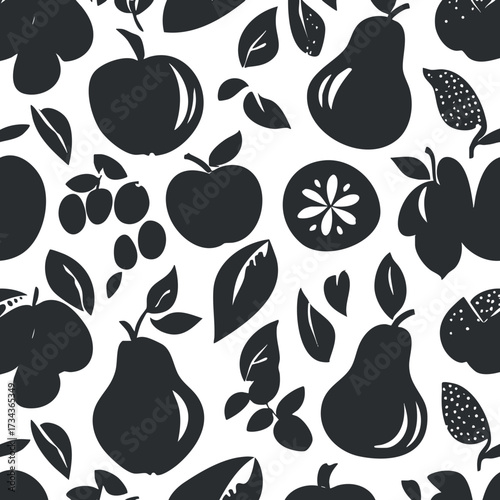 A seamless pattern featuring various fruits and leaves in black silhouette on a white background..