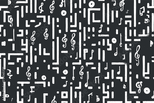 Abstract pattern featuring musical notes and symbols in a creative black and white design.