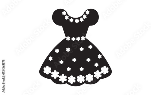 Elegant black dress adorned with white floral patterns for fashion and style on white background