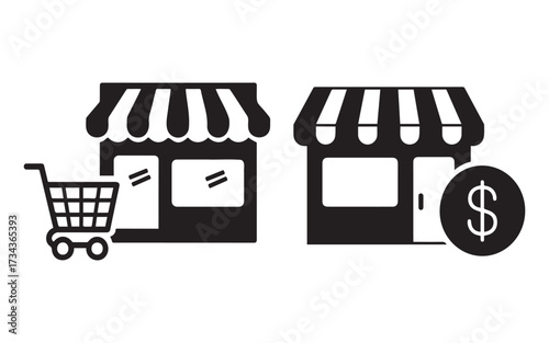 Online store and physical shop icons representing retail and ecommerce sales on white background