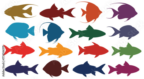 A vibrant collection of diverse fish silhouettes in an array of colorful hues.