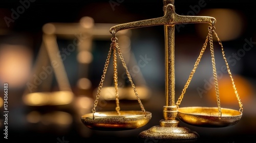 Two golden balance scales with high gloss finish are displayed against a dark blurred background,