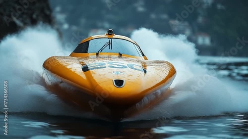 High Speed Orange Powerboat Racing Across Water.