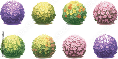 Colorful bush top view, flowering foliage, seasonal plants, garden layout, stylized vegetation, nature texture, digital illustration, landscape design, botanical element, greenery