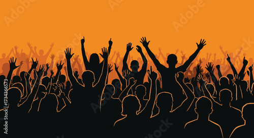 A vibrant silhouette crowd cheering and raising their hands high in celebration.