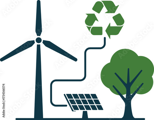 Sustainable energy ecosystem wind turbine solar panel tree recycling symbol concept