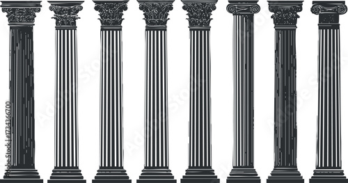 A collection of classical architectural columns showcasing intricate designs and historical significance..