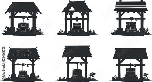 A collection of six silhouette illustrations of different styles of water wells..