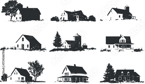 Collection of silhouette illustrations of various rural houses and farm structures in black and white..