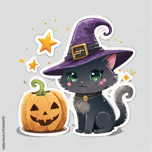Cute Witch Cat and Floating Spell Book Halloween Stickers in Chibi Style