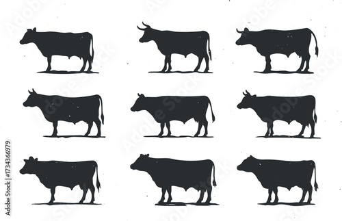 Silhouettes of cows in various poses showcasing the diversity of farm animals..