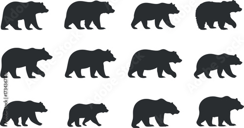 A collection of bear silhouettes showing different poses and movements in a minimalist style..