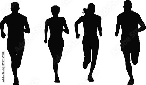 Silhouettes of people running, vector illustration of men and women jogging, exercising, and training in athletic fitness poses isolated