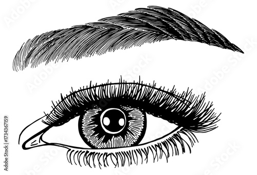Illustration with woman's eye, eyelashes and eyebrow. Makeup Look. Tattoo design. Logo for brow bar or lash salon.