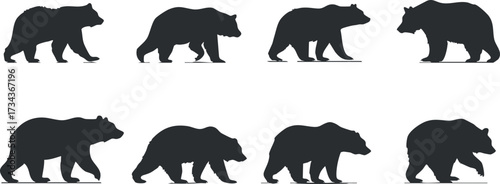 A collection of bear silhouettes showing various poses and movements in a graphic design..