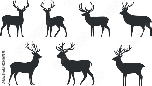 A collection of deer silhouettes showcasing various poses and antler shapes in black and white..