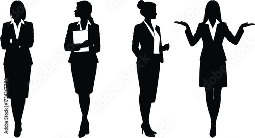 Businesswoman silhouette set, professional female poses, corporate attire icons, confident gestures, workplace diversity graphic, formal outfit illustration, vector design, leadership concept