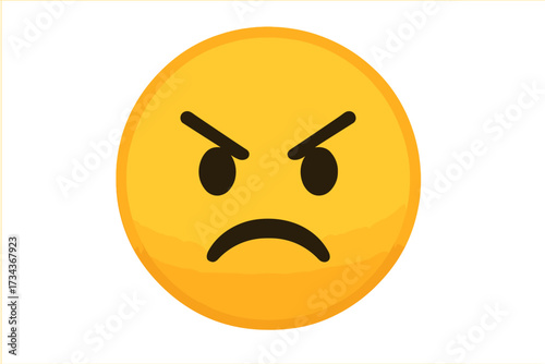 Angry face emoticon. Mad emoji icon vector illustration. Negative emotion concept. Unhappy, furious, annoyed, frustrated character expression. Bad feedback, dissatisfaction symbol.