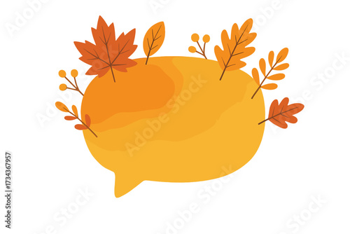 Autumn sale promo concept with speech bubble and fall leaves. Vector illustration for seasonal marketing banner. Orange watercolor dialog box for text. Isolated design element.