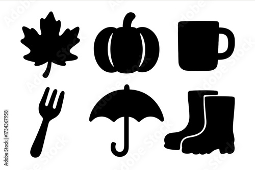 Autumn icon set with leaf, pumpkin, mug, fork, umbrella, and boots. Black silhouette vector collection for fall season design. Simple isolated symbols for harvest and rain.
