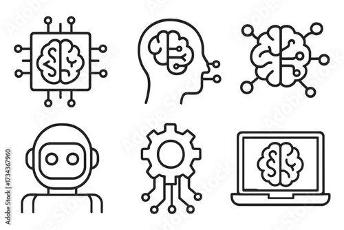 Artificial intelligence icon set. AI technology concept with brain, robot, neural network, cpu, cyborg head. Machine learning linear symbols. Vector cartoon illustration.